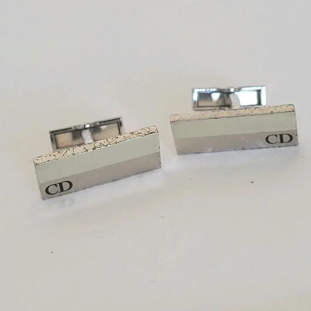 Christian Dior Gold Tone Logo‎ Cufflinks Vintage Square Retro Designer Bullet